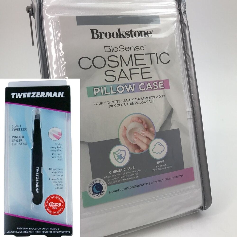 2pc Bundle Brookstone Cosmetic Safe Pillowcase & Tweezerman Slant Tweezer $37.99